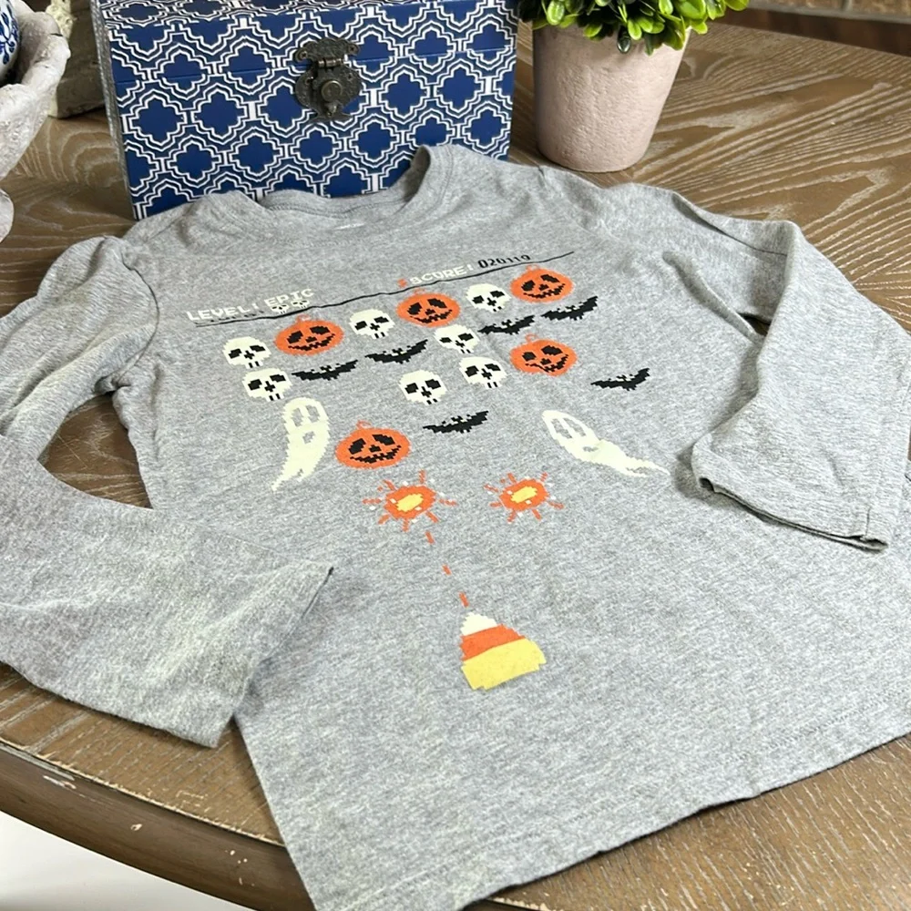 Boys Halloween Space Invaders Boo Ghost Bat Skull Pumpkin Long Sleeve Tee Shirt